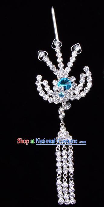 Traditional Beijing Opera Diva Hair Accessories Blue Crystal Hairpins Phoenix Step Shake, Ancient Chinese Peking Opera Hua Tan Hair Stick Headwear