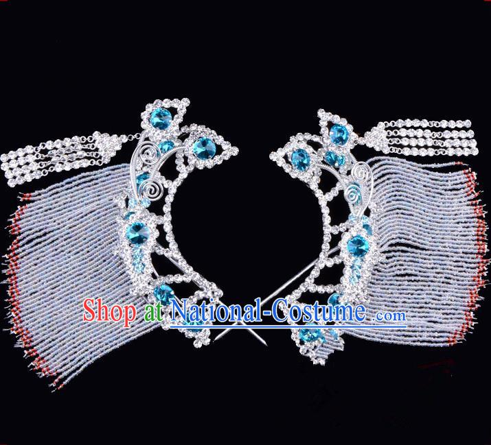 Traditional Beijing Opera Diva Hair Accessories Blue Crystal Hairpins Temples Curtain Step Shake, Ancient Chinese Peking Opera Hua Tan Hair Stick Headwear