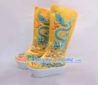 Traditional Beijing Opera Emperor Embroidered Boots Yellow Tiger-head Shoes, Ancient Chinese Peking Opera Takefu Satin Embroidery High Leg Boots