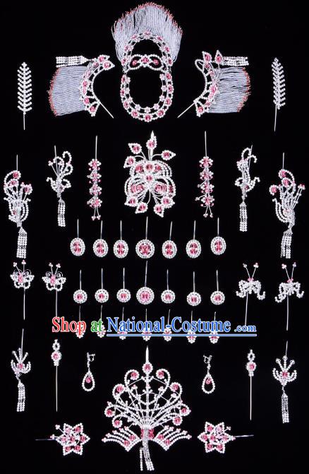 Traditional Beijing Opera Diva Hair Accessories Pink Crystal Butterfly Head Ornaments Complete Set, Ancient Chinese Peking Opera Hua Tan Hairpins Phoenix Step Shake Headwear