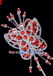 Traditional Beijing Opera Diva Hair Accessories Red Crystal Butterfly Head Ornaments Hairpins, Ancient Chinese Peking Opera Hua Tan Hairpins Headwear