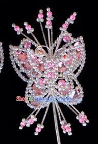 Traditional Beijing Opera Diva Hair Accessories Pink Crystal Butterfly Head Ornaments Hairpins, Ancient Chinese Peking Opera Hua Tan Hairpins Headwear