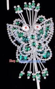 Traditional Beijing Opera Diva Hair Accessories Green Crystal Butterfly Head Ornaments Hairpin, Ancient Chinese Peking Opera Hua Tan Hairpins Headwear