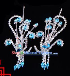 Traditional Beijing Opera Diva Hair Accessories Blue Crystal Head Ornaments Phoenix Step Shake, Ancient Chinese Peking Opera Hua Tan Hairpins Headwear