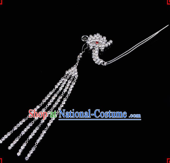 Traditional Beijing Opera Diva Hair Accessories Crystal Tassel Phoenix Step Shake Hairpins, Ancient Chinese Peking Opera Hua Tan Hair Stick Headwear