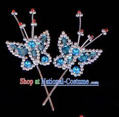 Traditional Beijing Opera Diva Hair Accessories Blue Crystal Head Ornaments Butterfly Hairpin, Ancient Chinese Peking Opera Hua Tan Hairpins Headwear