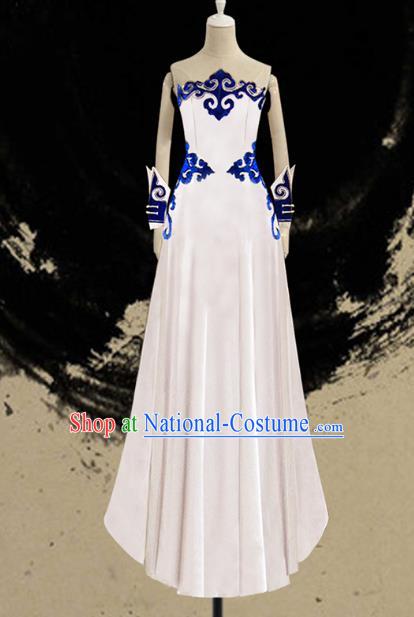 Traditional Chinese Mongol Nationality Dance Costume Female White Full Dress, Chinese Mongolian Minority Nationality Embroidery Clothing for Women