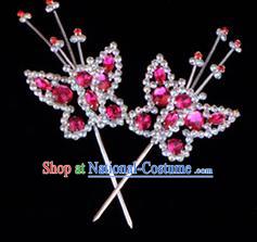 Traditional Beijing Opera Diva Hair Accessories Rosy Crystal Head Ornaments Butterfly Hairpin, Ancient Chinese Peking Opera Hua Tan Hairpins Headwear