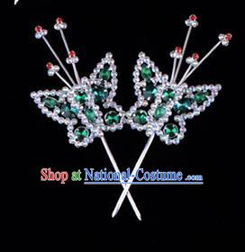 Traditional Beijing Opera Diva Hair Accessories Green Crystal Head Ornaments Butterfly Hairpin, Ancient Chinese Peking Opera Hua Tan Hairpins Headwear