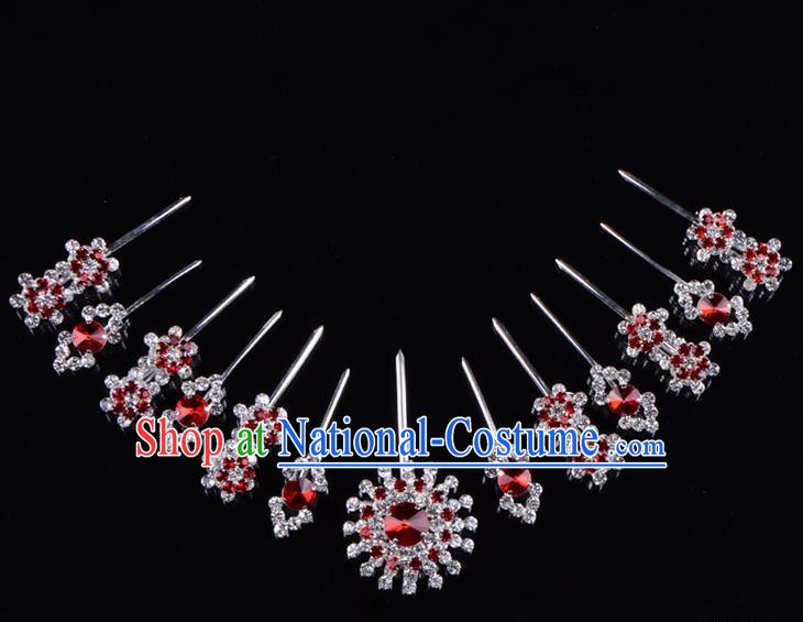 Traditional Beijing Opera Diva Hair Accessories Red Crystal Hairpins Head Ornaments Complete Set, Ancient Chinese Peking Opera Hua Tan Hair Stick Headwear