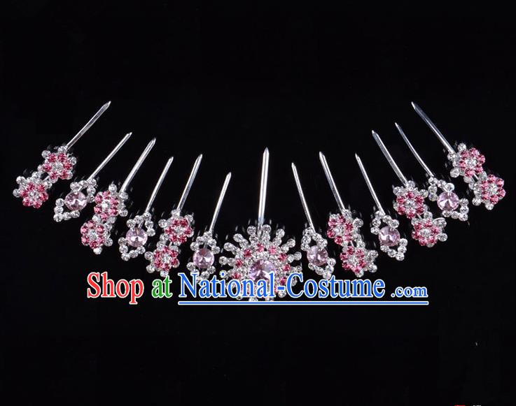 Traditional Beijing Opera Diva Hair Accessories Pink Crystal Hairpins Head Ornaments Complete Set, Ancient Chinese Peking Opera Hua Tan Hair Stick Headwear