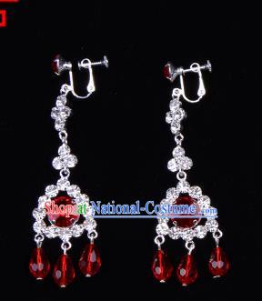 Traditional Beijing Opera Diva Jewelry Accessories Red Crystal Earrings, Ancient Chinese Peking Opera Hua Tan Tassel Eardrop