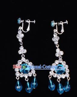 Traditional Beijing Opera Diva Jewelry Accessories Blue Crystal Earrings, Ancient Chinese Peking Opera Hua Tan Tassel Eardrop