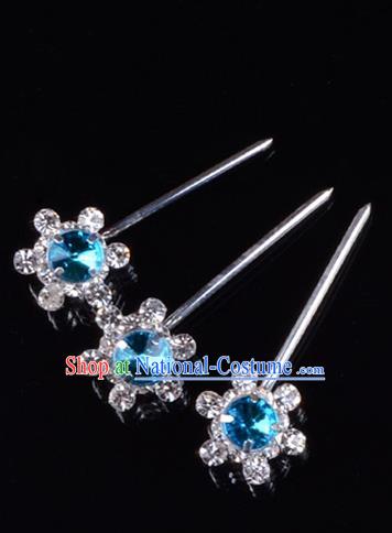 Traditional Beijing Opera Diva Hair Accessories Blue Crystal Hair Stick, Ancient Chinese Peking Opera Hua Tan Hairpins