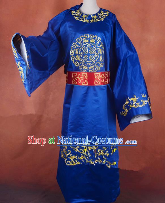 Top Grade Professional Beijing Opera Taoist Priest Costume Blue Embroidered Robe, Traditional Ancient Chinese Peking Opera Embroidery Gwanbok Clothing