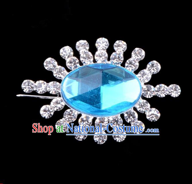 Traditional Beijing Opera Young Lady Jewelry Accessories Diva Crystal Blue Brooch, Ancient Chinese Peking Opera Hua Tan Breastpin