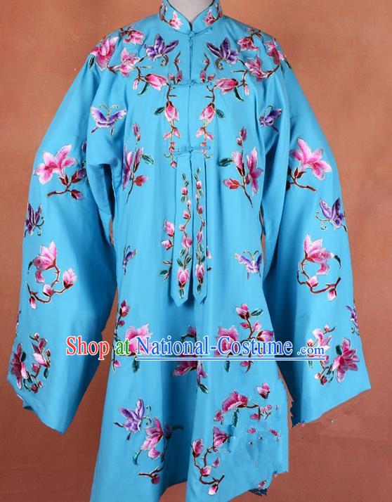 Top Grade Professional Beijing Opera Young Lady Costume Hua Tan Blue Embroidered Outerwear, Traditional Ancient Chinese Peking Opera Diva Embroidery Mangnolia Clothing