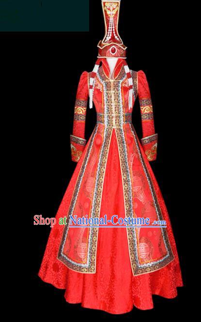 Traditional Chinese Mongol Nationality Costume Queen Red Bubble Dress, Chinese Mongolian Minority Nationality Princess Embroidery Wedding Clothing for Women