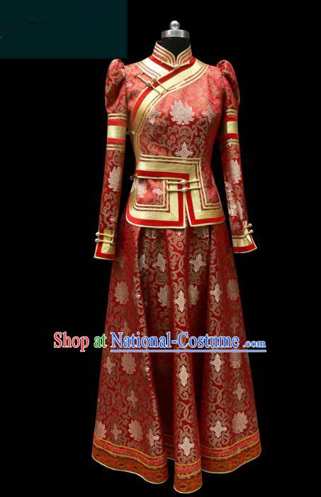 Traditional Chinese Mongol Nationality Costume Red Dress Wedding Bride Mongolian Robe, Chinese Mongolian Minority Dance Clothing for Women