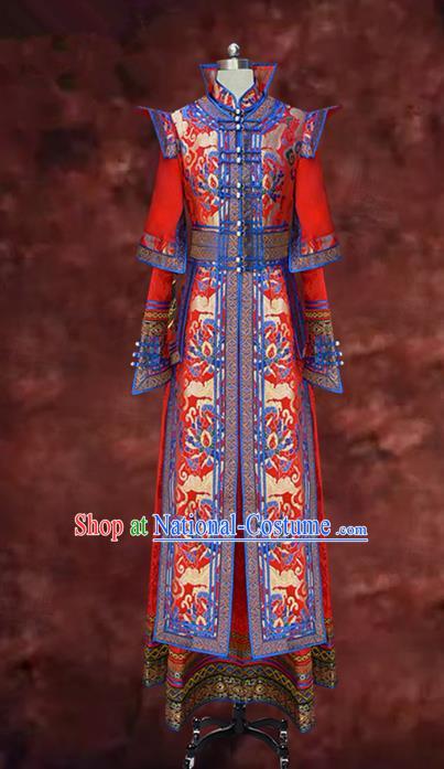 Traditional Chinese Mongol Nationality Costume Dress Bride Red Mongolian Robe, Chinese Mongolian Minority Wedding Clothing for Women