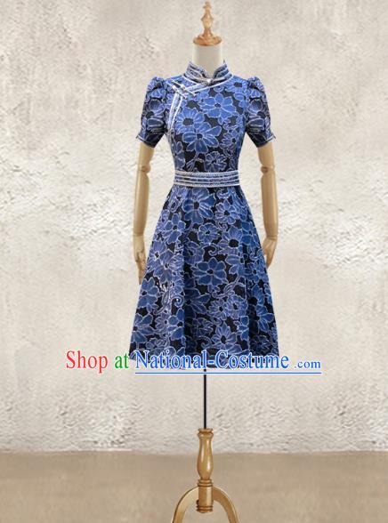 Traditional Chinese National Costume Elegant Hanfu Dress, China Tang Suit Plated Buttons Navy Chirpaur Cheongsam Qipao for Women