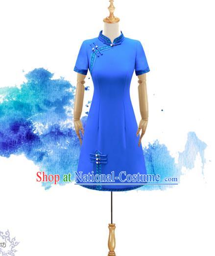 Traditional Chinese National Costume Elegant Hanfu Blue Dress, China Tang Suit Plated Buttons Chirpaur Cheongsam Qipao for Women