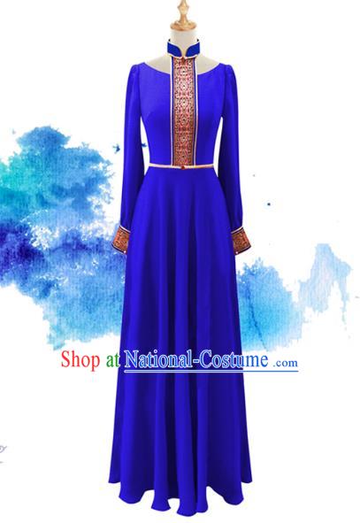 Traditional Chinese National Costume Elegant Hanfu Blue Long Dress, China Tang Suit Plated Buttons Chirpaur Cheongsam Qipao for Women