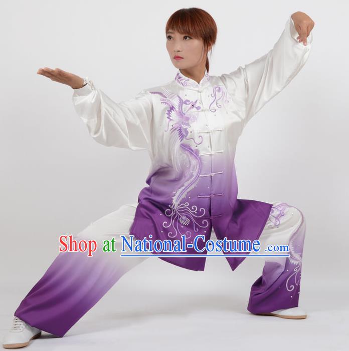 Top Kung Fu Costume Martial Arts Costume Kung Fu Training Purple Uniform, Gongfu Shaolin Wushu Embroidery Phoenix Tai Ji Clothing for Women