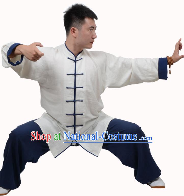 Top Kung Fu Linen Costume Martial Arts Costume Kung Fu Training White Shirt and Navy Pants, Tai Ji Plated Buttons Uniform Gongfu Wushu Clothing for Women for Men