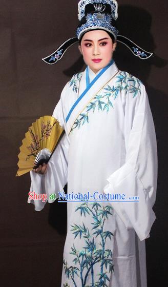 Traditional China Beijing Opera Niche Costume White Embroidered Robe, Chinese Peking Opera Scholar Embroidery Bamboo Clothing