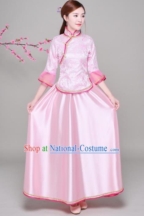 Traditional Chinese Republic of China Nobility Lady Clothing, China National Embroidered Pink Blouse and Skirt for Women