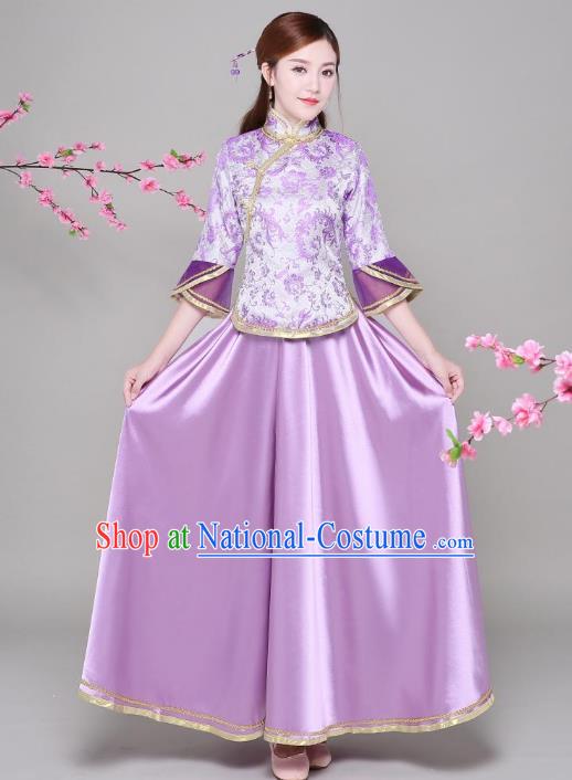 Traditional Chinese Republic of China Nobility Lady Clothing, China National Embroidered Purple Blouse and Skirt for Women