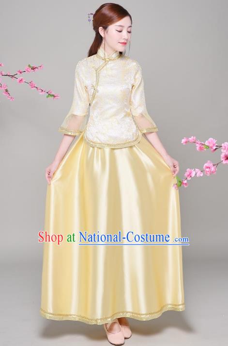 Traditional Chinese Republic of China Nobility Lady Clothing, China National Embroidered Yellow Blouse and Skirt for Women