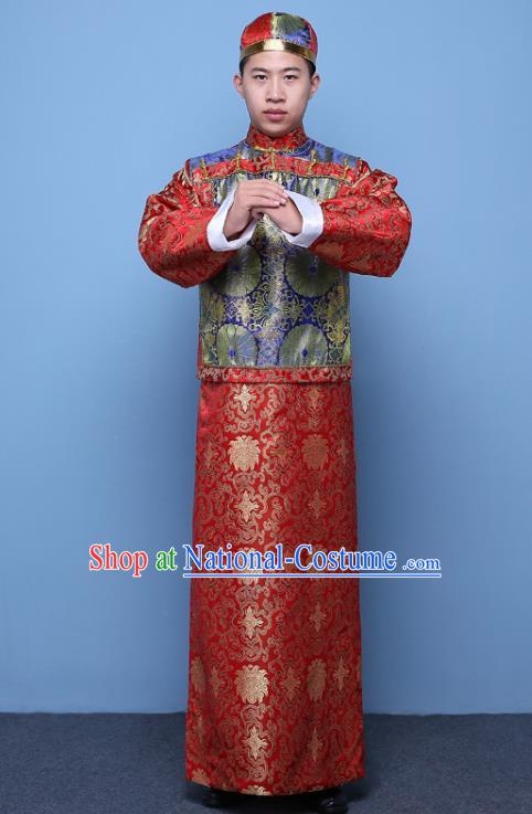 Traditional Ancient Chinese Qing Dynasty Prince Costume, China Manchu Nobility Childe Blue Mandarin Jacket Clothing for Men