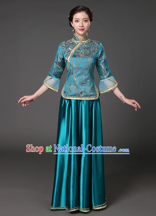 Traditional Chinese Republic of China Nobility Lady Clothing, China National Peacock Blue Cheongsam Blouse and Skirt for Women