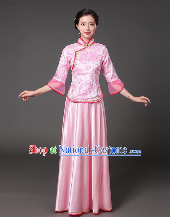 Traditional Chinese Republic of China Nobility Lady Clothing, China National Pink Cheongsam Blouse and Skirt for Women