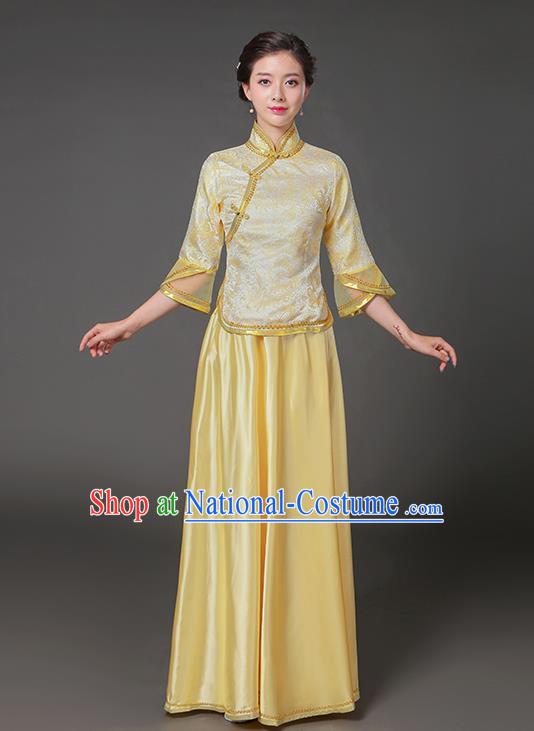 Traditional Chinese Republic of China Nobility Lady Clothing, China National Yellow Cheongsam Blouse and Skirt for Women