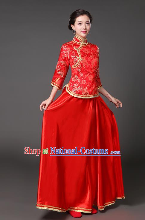 Traditional Chinese Republic of China Nobility Lady Clothing, China National Red Cheongsam Blouse and Skirt for Women