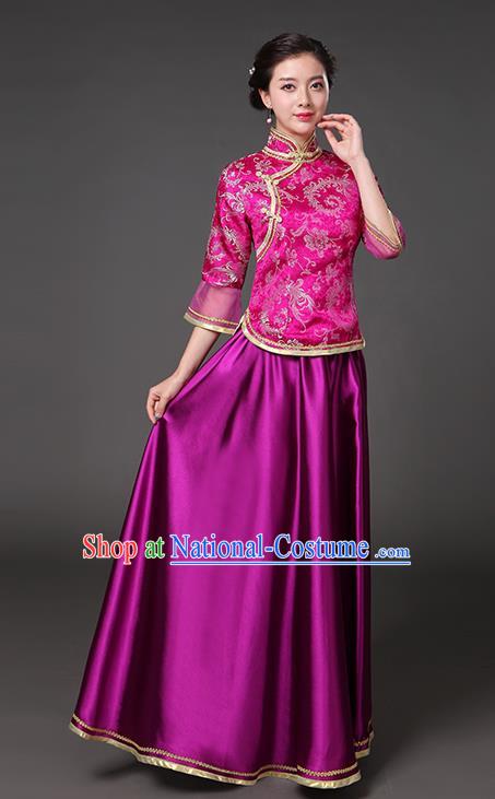 Traditional Chinese Republic of China Nobility Lady Clothing, China National Rosy Cheongsam Blouse and Skirt for Women