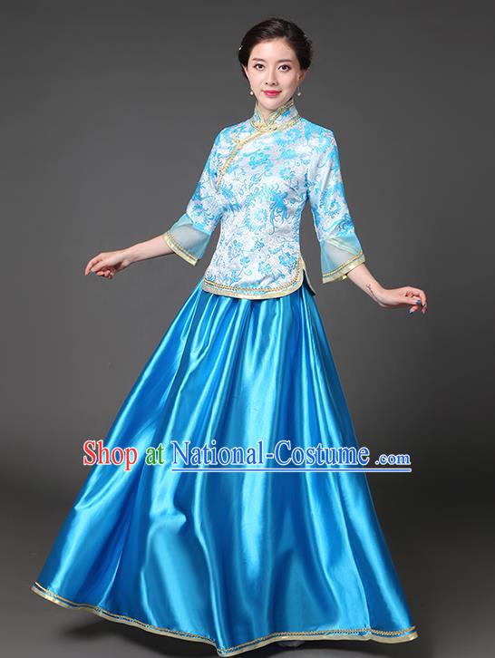 Traditional Chinese Republic of China Nobility Lady Clothing, China National Blue Cheongsam Blouse and Skirt for Women