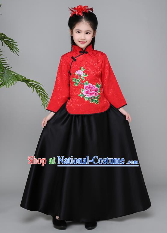 Traditional Chinese Republic of China Children Clothing, China National Embroidered Red Cheongsam Blouse and Skirt for Kids