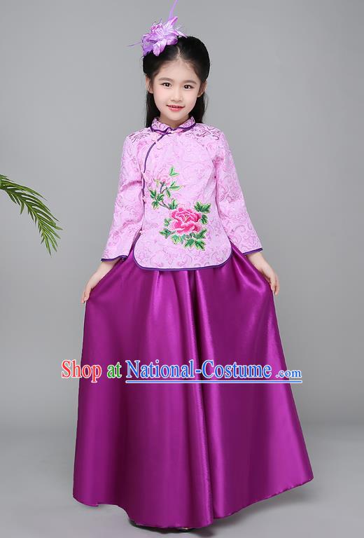 Traditional Chinese Republic of China Children Clothing, China National Embroidered Purple Cheongsam Blouse and Skirt for Kids