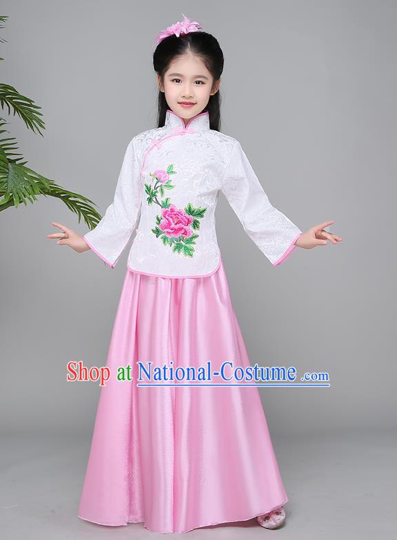 Traditional Chinese Republic of China Children Clothing, China National Embroidered White Cheongsam Blouse and Skirt for Kids