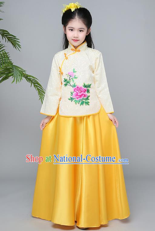 Traditional Chinese Republic of China Children Clothing, China National Embroidered Yellow Cheongsam Blouse and Skirt for Kids