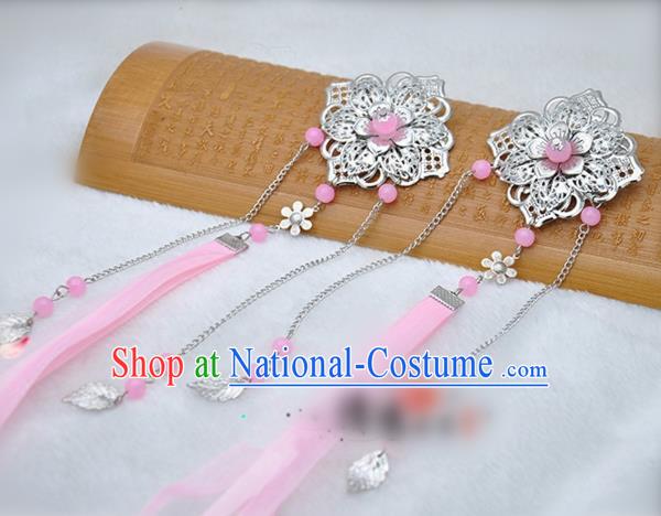 Traditional Chinese Handmade Hair Accessories Princess Hairpins Pink Ribbon Hair Stick for Women