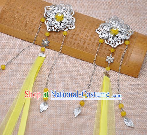 Traditional Chinese Handmade Hair Accessories Princess Hairpins Yellow Ribbon Hair Stick for Women