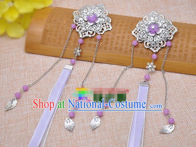 Traditional Chinese Handmade Hair Accessories Princess Hairpins Purple Ribbon Hair Stick for Women