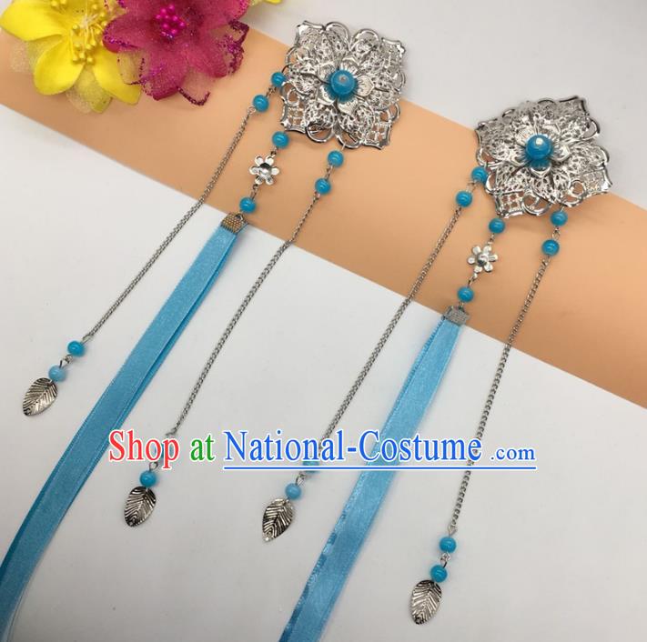 Traditional Chinese Handmade Hair Accessories Princess Hairpins Blue Ribbon Hair Stick for Women