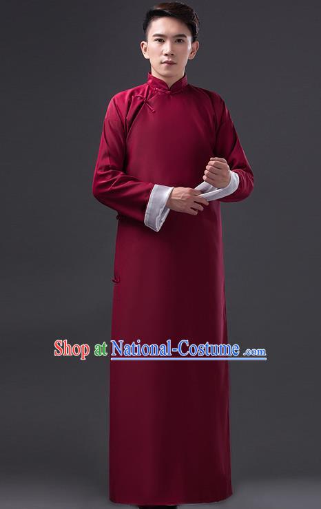 Traditional Chinese Republic of China Costume Wine Red Long Gown, China National Comic Dialogue Clothing for Men