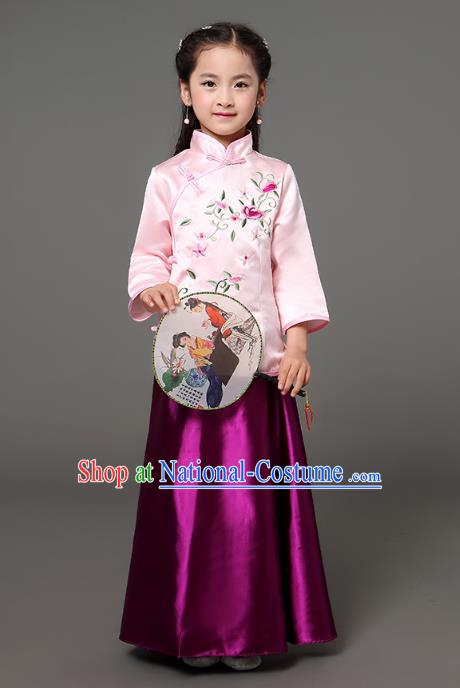 Traditional Chinese Republic of China Children Clothing, China National Embroidered Pink Cheongsam Blouse and Purple Skirt for Kids